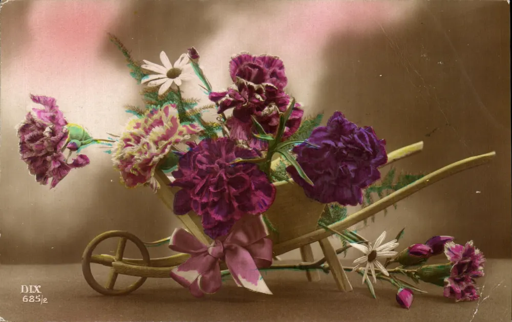 Fleurs dans un chariot — composition florale avec pivoines et marguerites — éditeur DIX n° 685½ - Awers