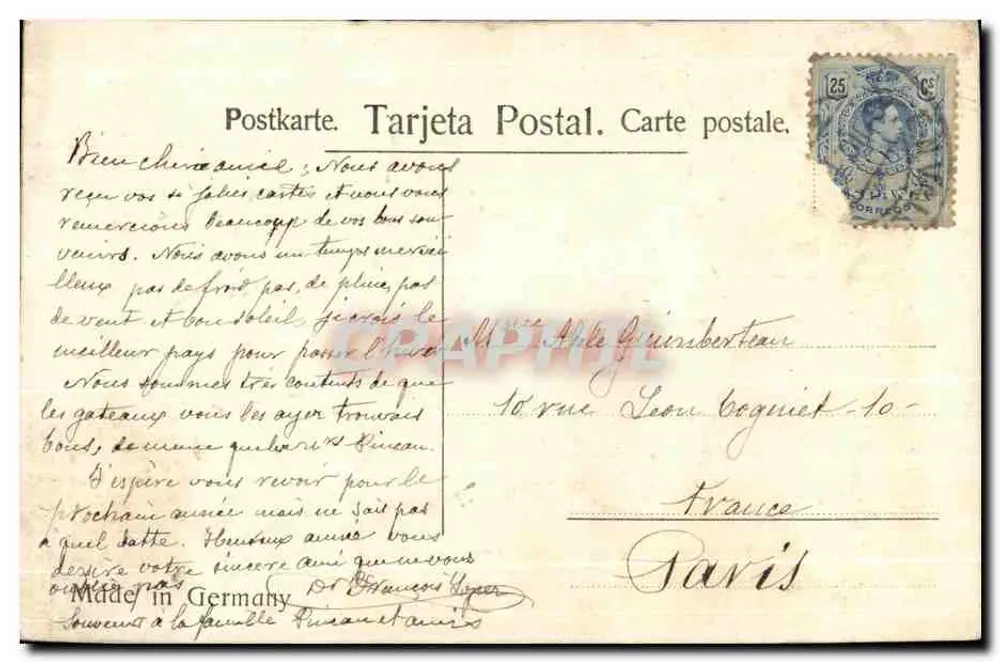 Fleurs de pensée violettes — illustration à l'encre et à l'aquarelle — éditeur 'Made in Germany' (verso) - Verso
