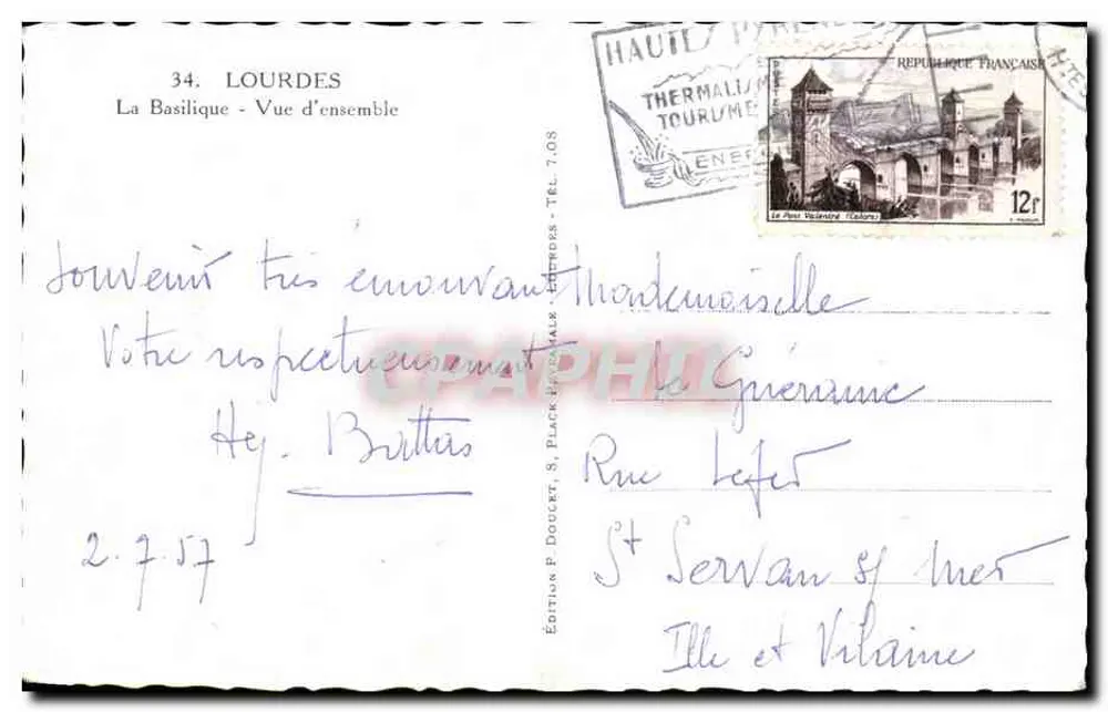 Lourdes — A Basílica — Vista geral — Edição P. Doucet - Verso