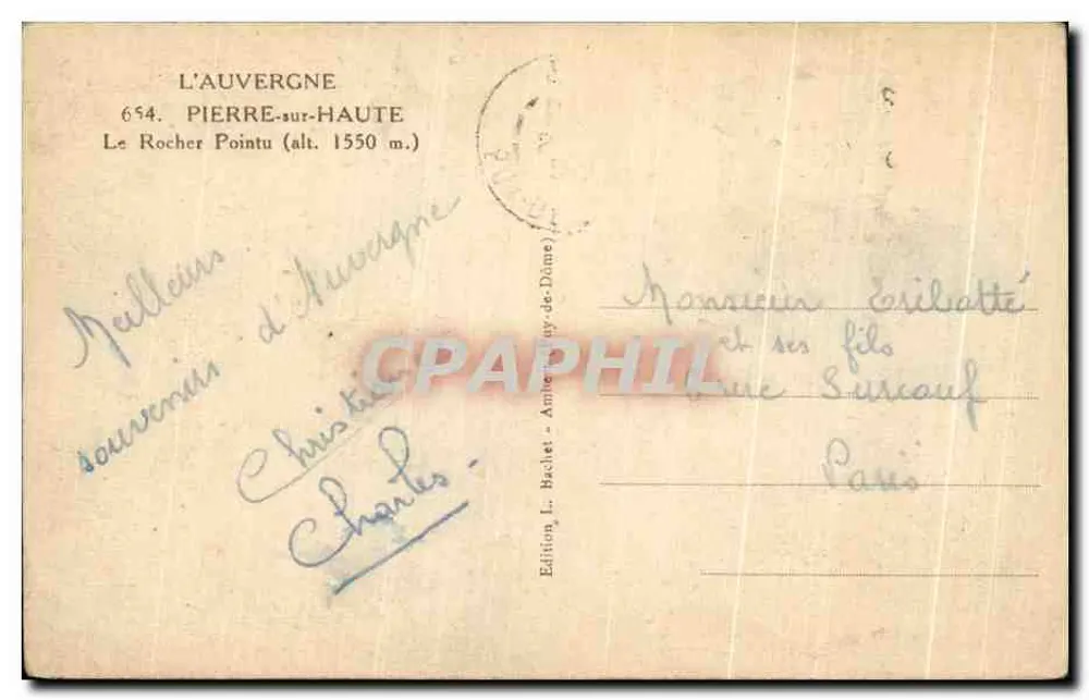 Le Rocher Pointu — vue panoramique depuis le sommet (éditeur : Edition J. Bachelot, Amilly-de-Dôme) - Rückseite