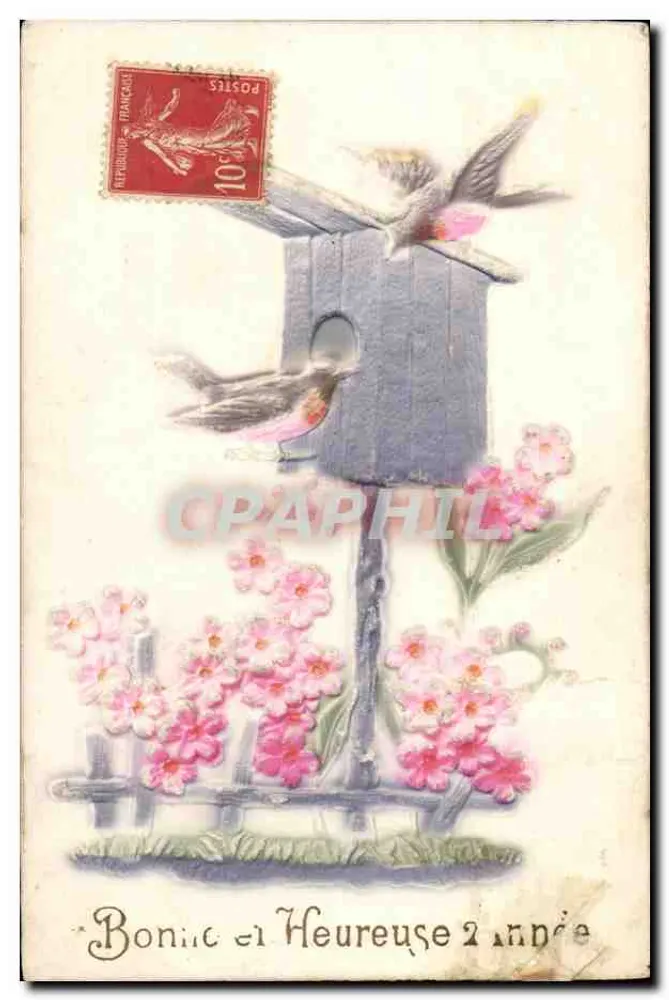 Oiseaux et nichoir — scène printanière avec fleurs roses — éditeur non visible - Frente