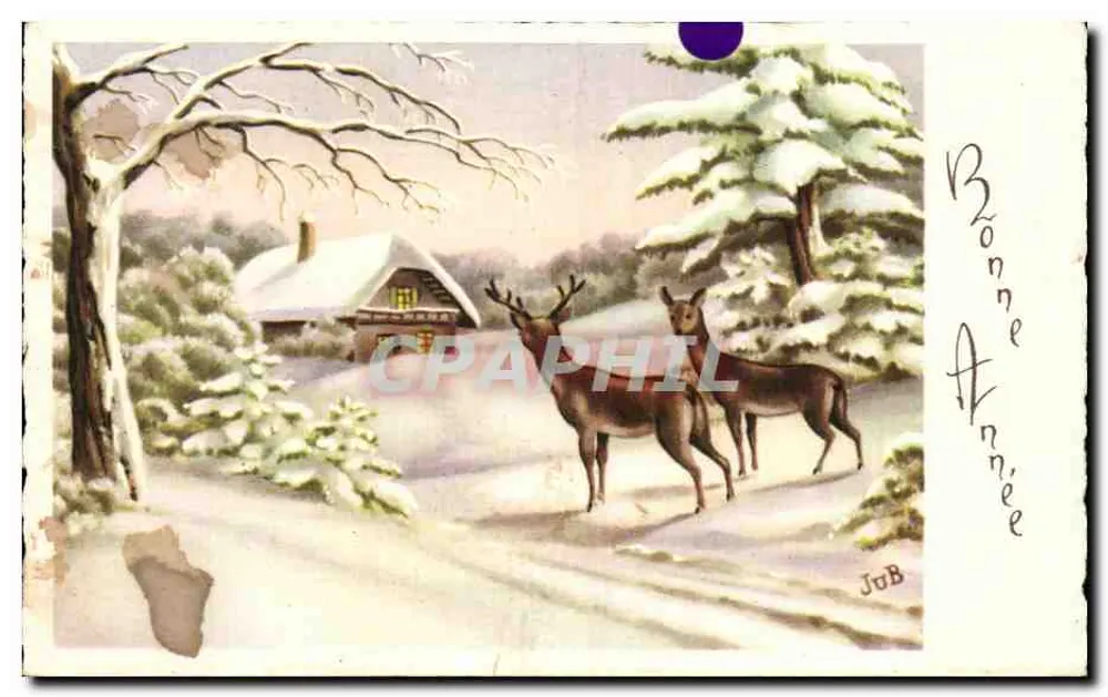 Zwei Hirsche in einem winterlichen Landschaftsbild — verschneite Hütte im Hintergrund — Verlag JoB - Vorderseite