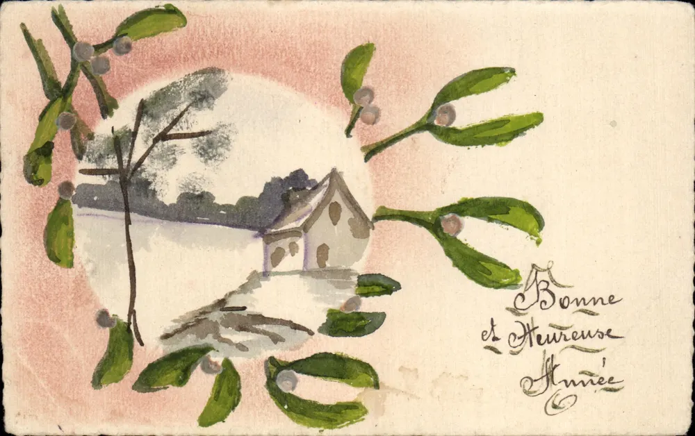 Natal — casa nevada e visco — bilhete postal - Frente