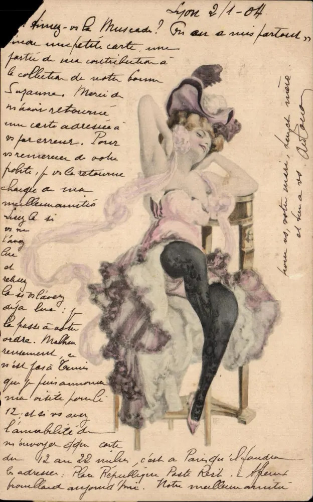 Frau in einem rosa Kleid und violettem Hut — Verlag M. M. Vienne, Nr. 105 - Vorderseite