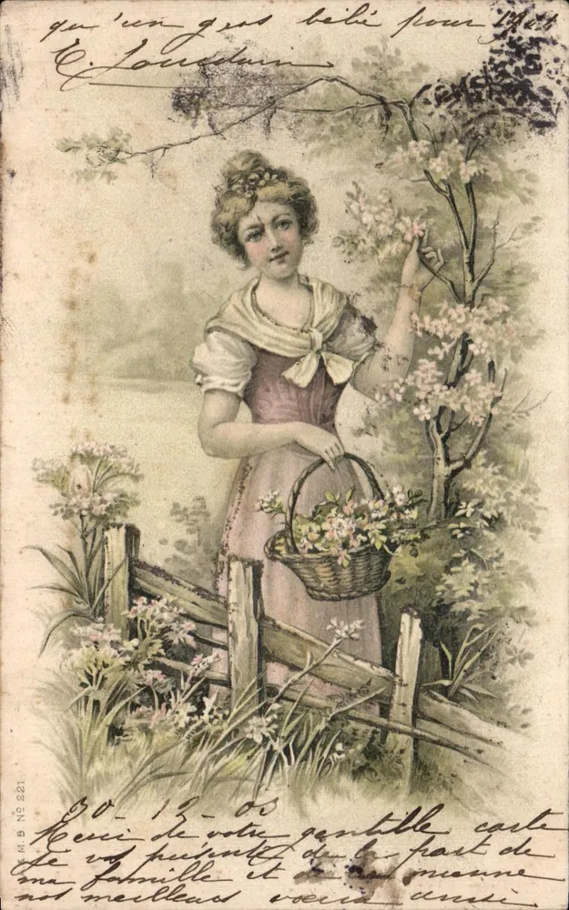 Junge Mädchen, das Blumen pflückt — Frühlingsszene — Verlag J. Guichard & L. Jourdain, Nr. 221 - Vorderseite