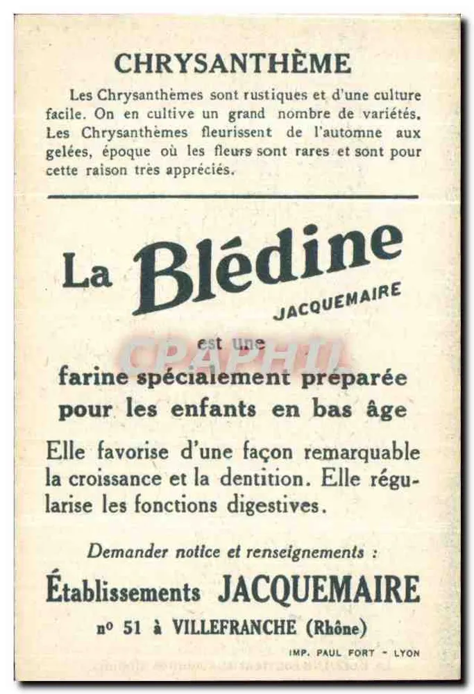 Críptamios — publicidade para a Blédine — editor Jacquemaire, n° 51 à Villefranche (Rhône) - Verso