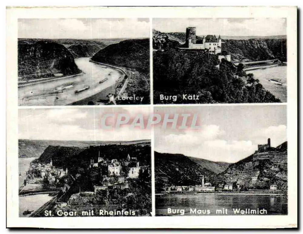Loreley, Burg Katz, St. Goar mit Rheinfels, Burg Maus mit Wellmich — vista panorâmica do rio Reno — editor não visível - Frente