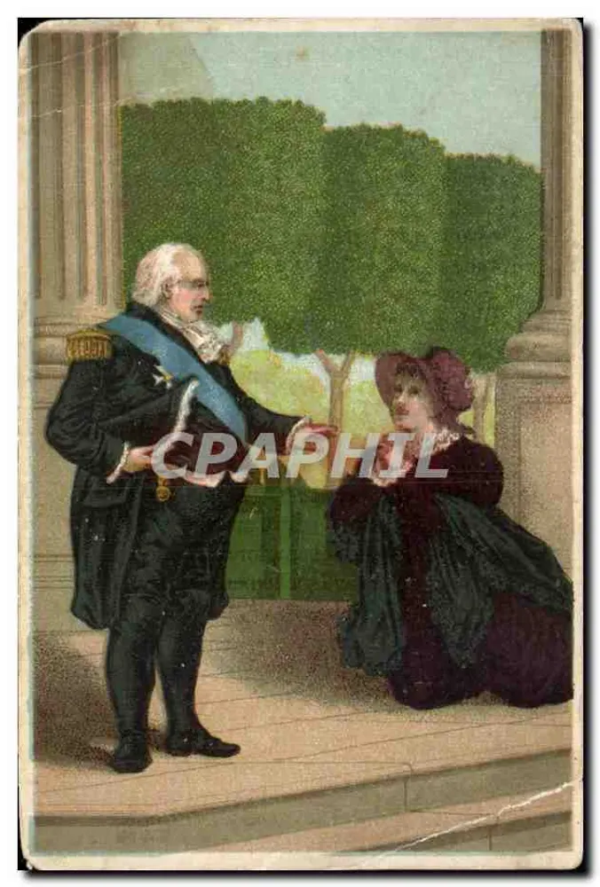 Madame Labédoyère an den Knien von Louis XVIII — historische Szene — Éditeur Gibert-Clarey, Tours - Vorderseite