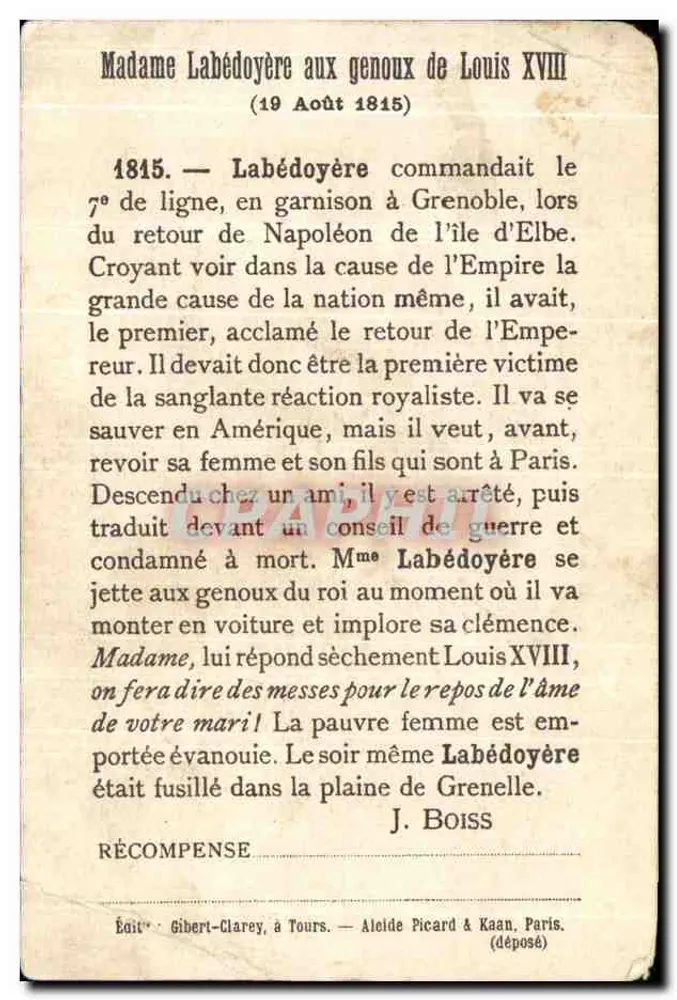 Madame Labédoyère an den Knien von Louis XVIII — historische Szene — Éditeur Gibert-Clarey, Tours - Rückseite