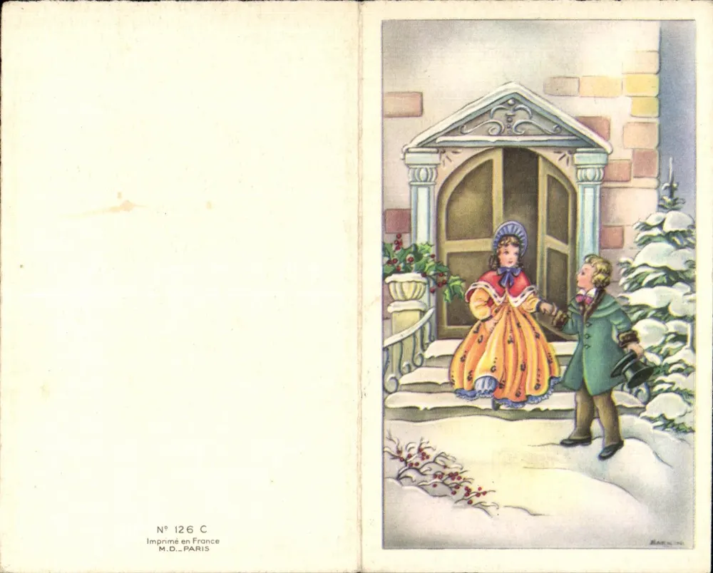 Jovem casal diante de uma porta de entrada — cena invernal — M.D.-PARIS, N° 126 C - Frente