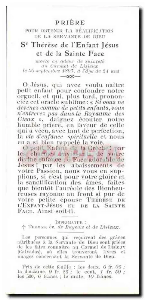 Thérèse de Lisieux — Gebet und Andacht — Druckerei Thomas, Bistum Bayeux und Lisieux - Rückseite