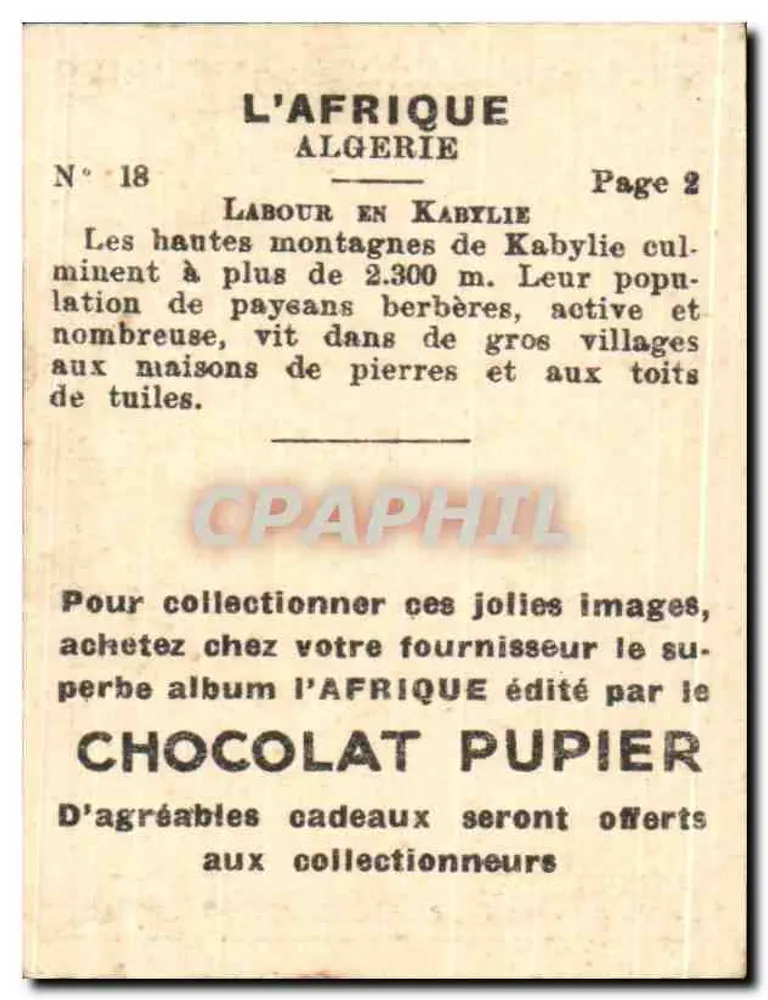 Algerien — Pflügen in Kabylie — veröffentlicht von Chocolat Pupier, n°18 - Rückseite
