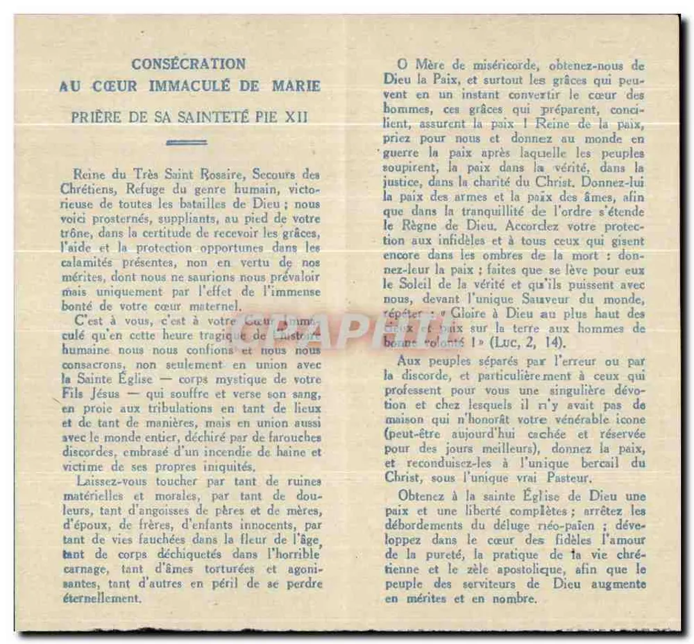 Weihe dem himmlischen Herzen Mariens — Gebet Pius XII — 28. März 1943 - Rückseite