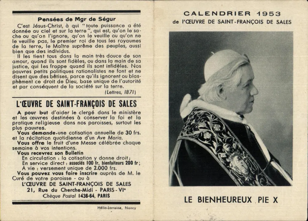 Kalender 1953 — Die Werke des Heiligen Franz von Sales — Hélio-Lorraine, Nancy - Vorderseite