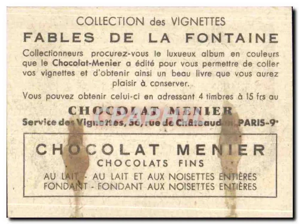 Katze und Maus — Fabelszenen — Sammlung der Vignetten 'Fabeln von La Fontaine', herausgegeben von Chocolat Menier, n° 88 - Rückseite