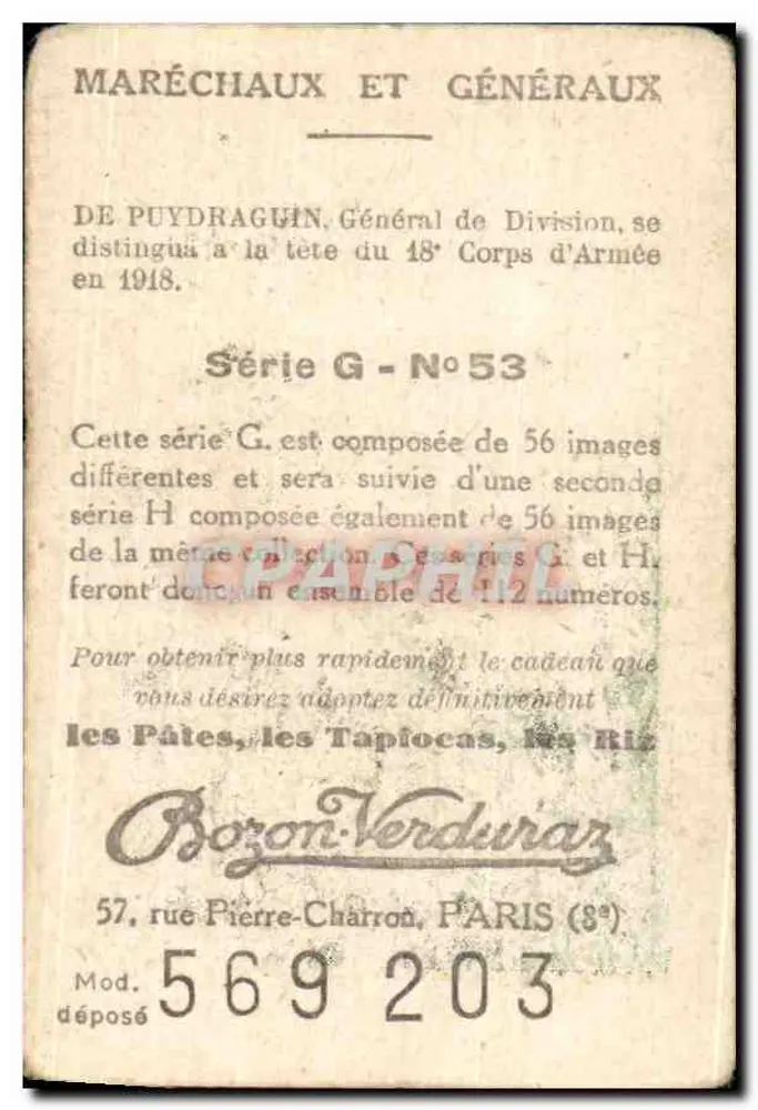 General DE POUYDRAGUIN — Sammlung BOZON VERDURAZ, Serie G Nr. 53 - Rückseite