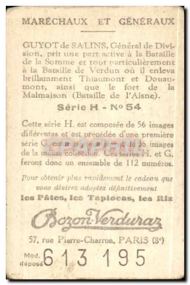 Geral GUYOT de SALINS — Coleção BOZON VERDURAZ, série H n°54 - Verso
