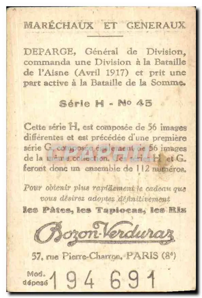 Geral DEPARGE — Coleção BOZON-VERDURAZ, Série H n°45 - Verso