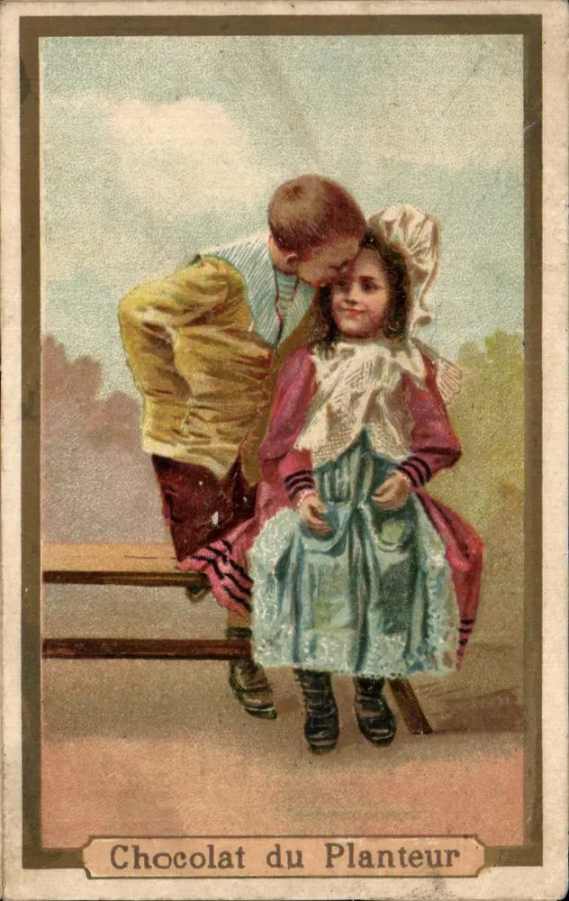 Criança beijando uma menina — Chocolat du Planteur - Frente