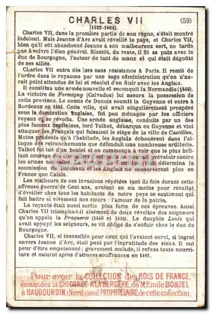 Charles VII — roi de France (59) — éditeur Émile Bonzel, Haubourdin (Nord) - Rückseite