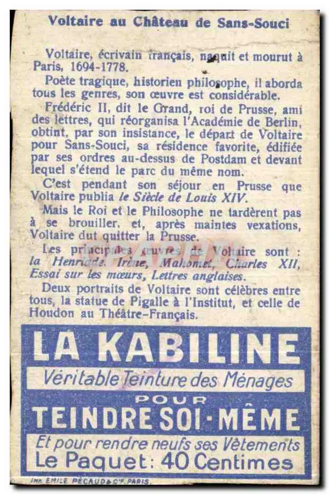 La Kabiline — Voltaire am Schloss Sans-Souci — Verlag: Emile Pécaud & Cie, Paris - Rückseite
