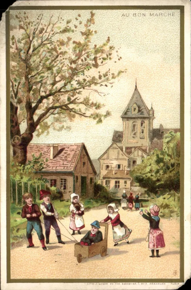 Kinder, die mit einer Puppe spielen — Au Bon Marché — Lith. J. Minot et Cie, 5 rue Beranger, Paris - Vorderseite