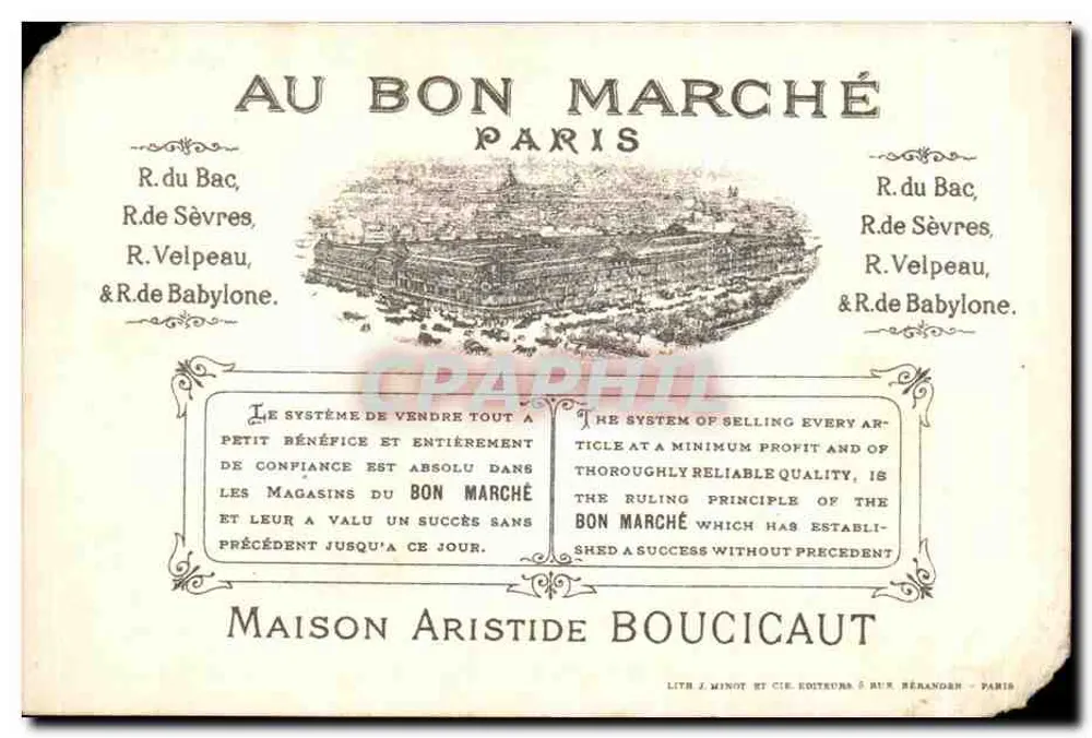 Kinder, die mit einer Puppe spielen — Au Bon Marché — Lith. J. Minot et Cie, 5 rue Beranger, Paris - Rückseite