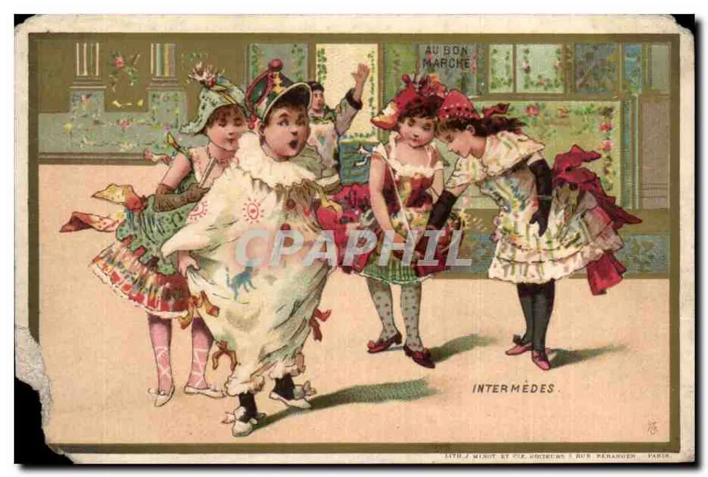 Enfants en costumes de scène — scène de spectacle — lithographie de J. Minot, éditée par Cie. Éditeurs 3 Rue Béranger, Paris - Frente