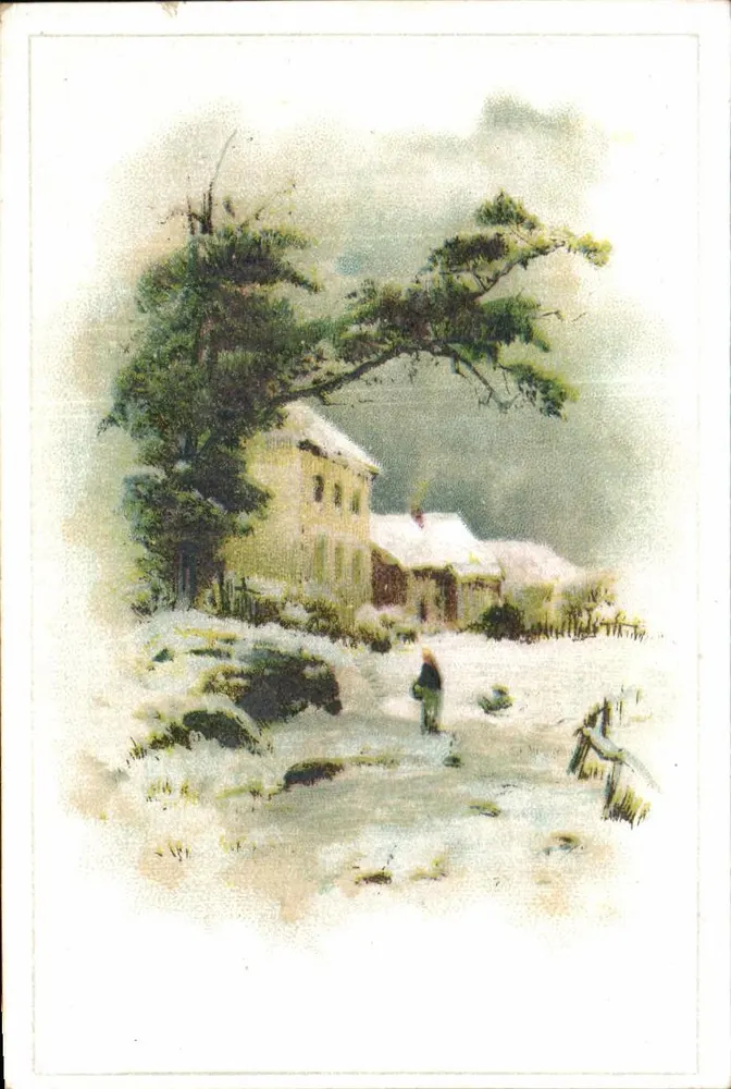 शीतकालीन दृश्य — घर और चैर — चॉकलेट सेंटिंटॉइन के लिए विज्ञापन - आगे