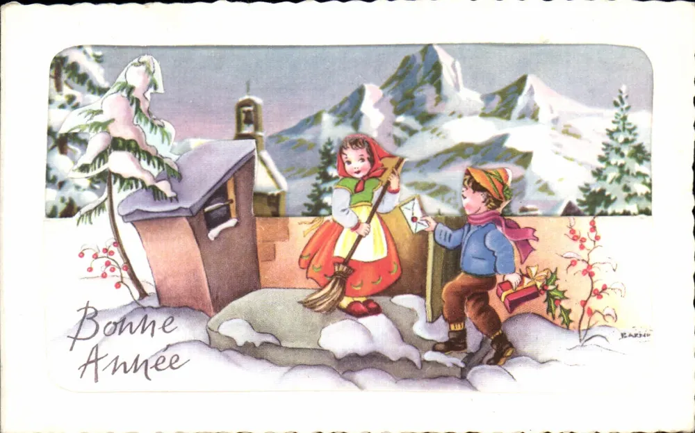 Crianças em um paisagem alpina nevada — Boa Ano — N° 124 C - Frente
