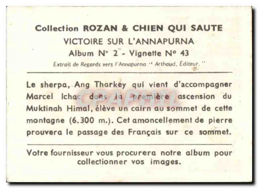 Sherpa Ang Tharkey — Ascensão do Annapurna — Coleção Rozan & Chien Qui Saute, Album N°2, Vignette N°43 - Verso