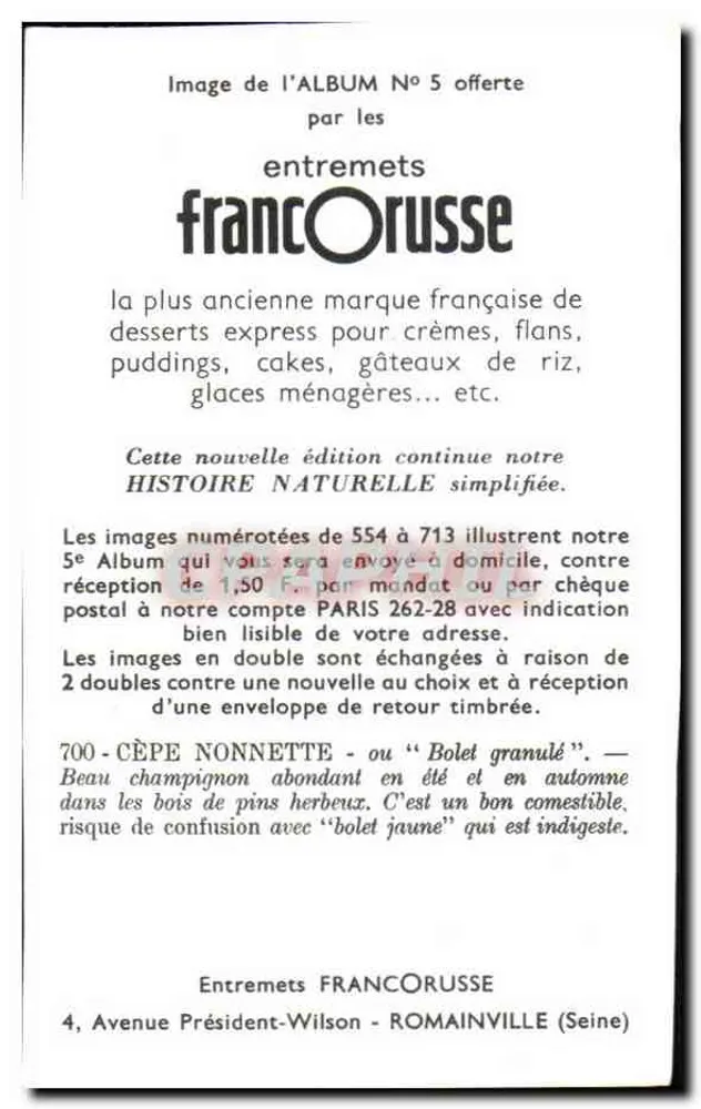 Cèpe nonnette — Bolet granulé — Entremets FrancOrusse, n°700 - Verso