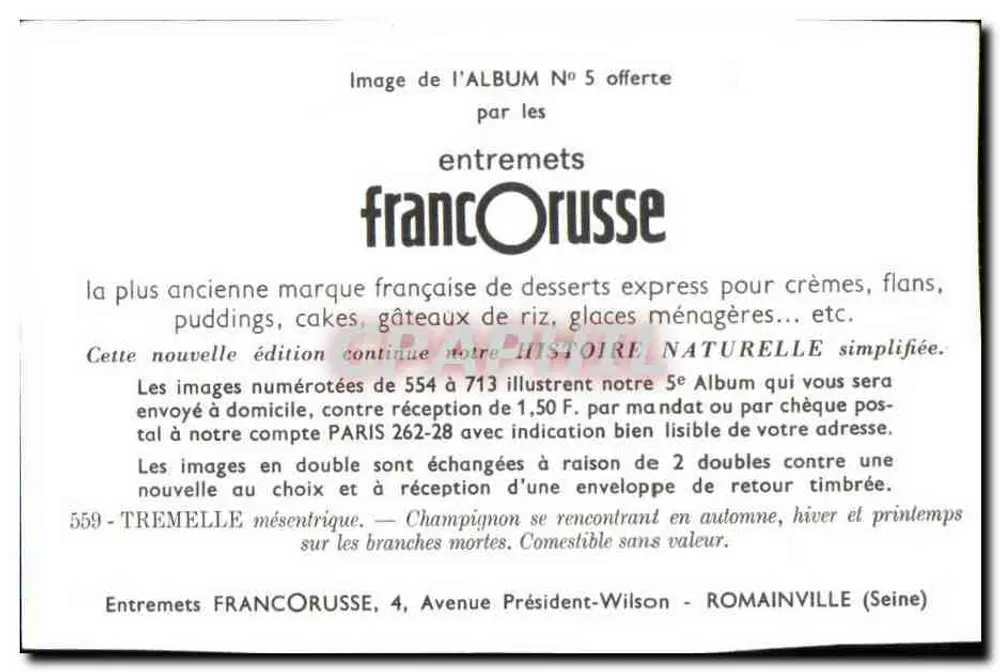 Champignon — Tremelle — Entremets FrancORusse, n° 559 - Verso
