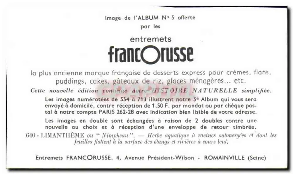 Limanthème — Herbácea aquática com raízes submersas — Entremets FrancORusse, n°640 - Verso