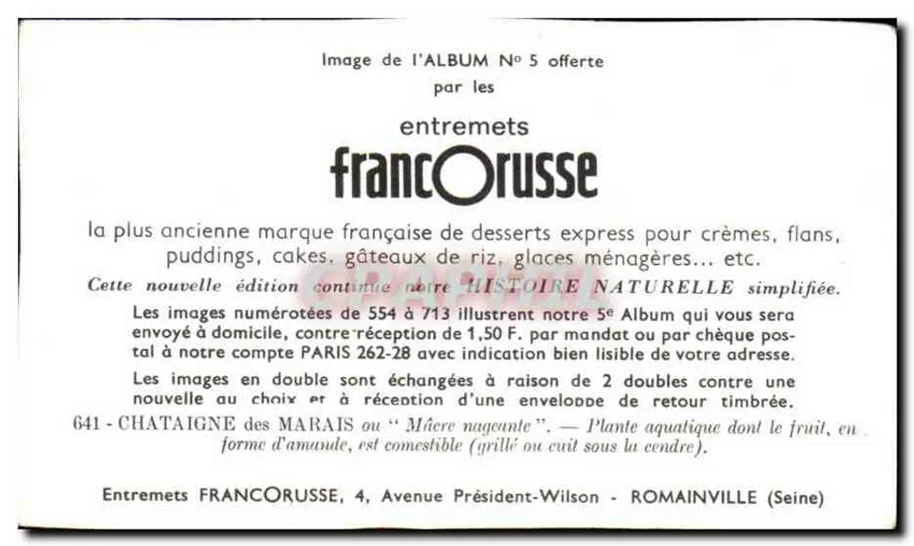 Chataigne dos pântanos — Planta aquática — Entremets Francorusse, n°641 - Verso