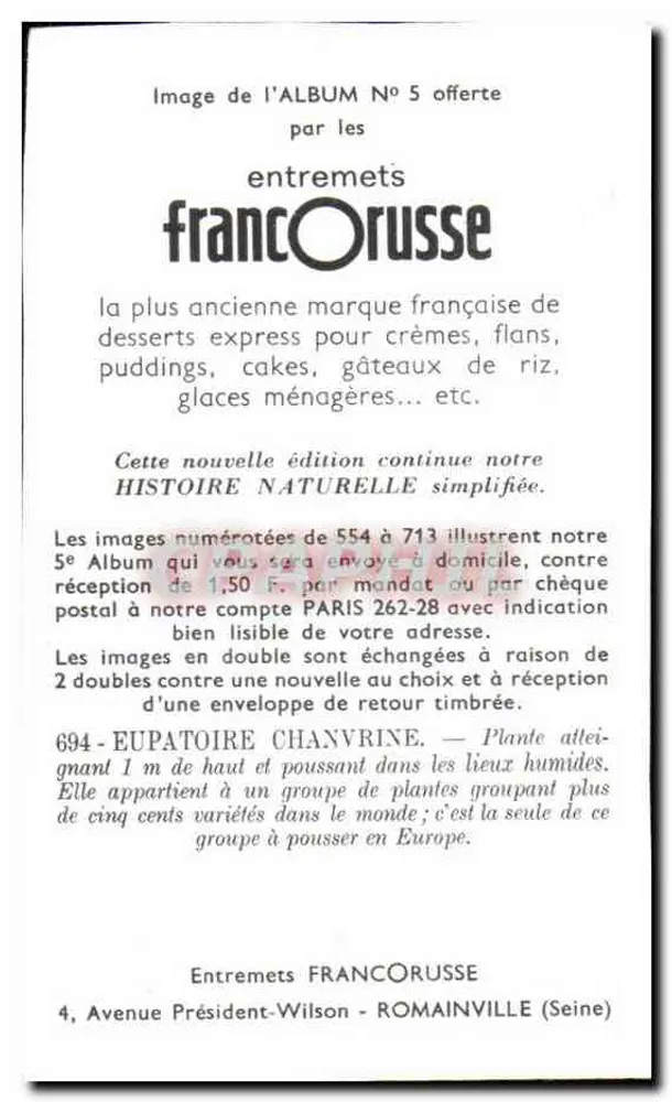 Eupatória Chanvrina — História Natural Simplificada — Entremets FrancOrusse n°694 - Verso