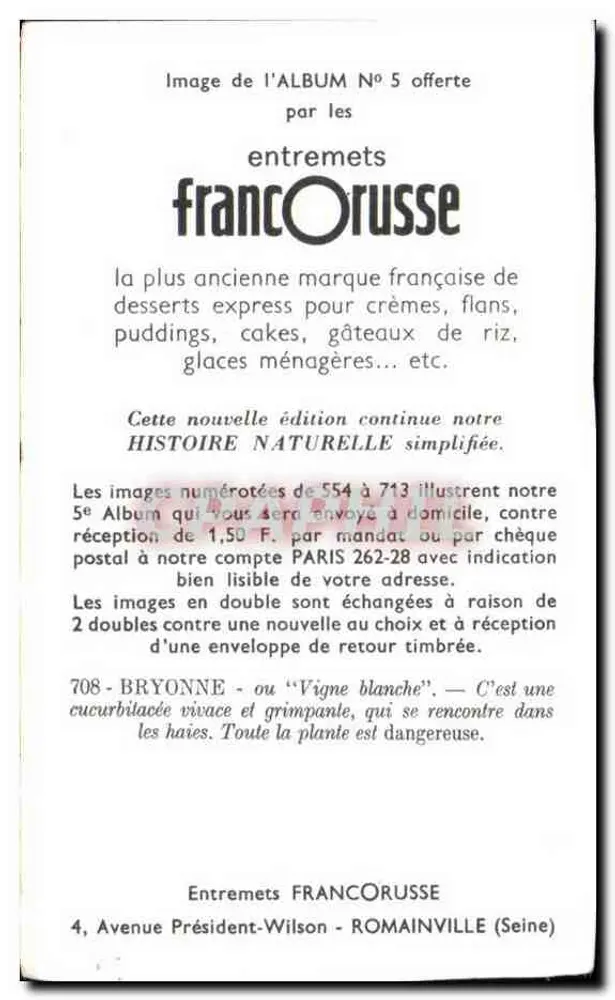 Vigne blanche — Bryonne — Entremets Francorusse, n° 708 - Verso