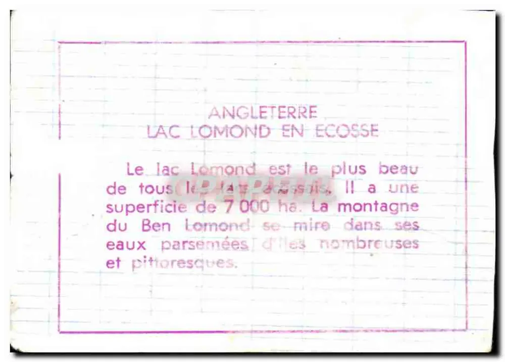 Lago Lomond (Loch) na Escócia — Inglaterra — texto impresso e manuscrito - Verso