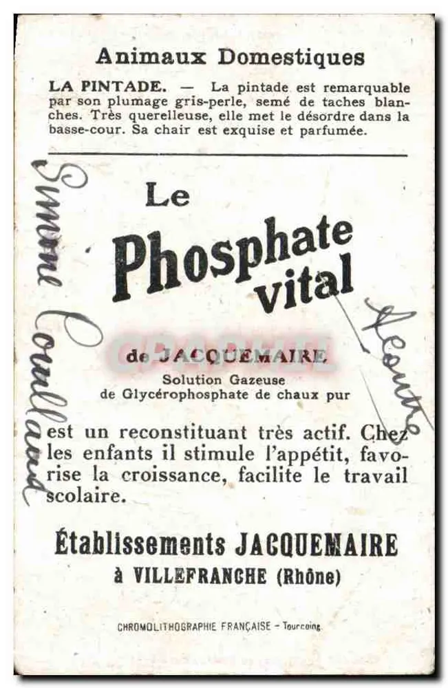 Pintade — Werbekarte für Blédine und Vitalphosphat — Jacquemaire-Establishments - Rückseite