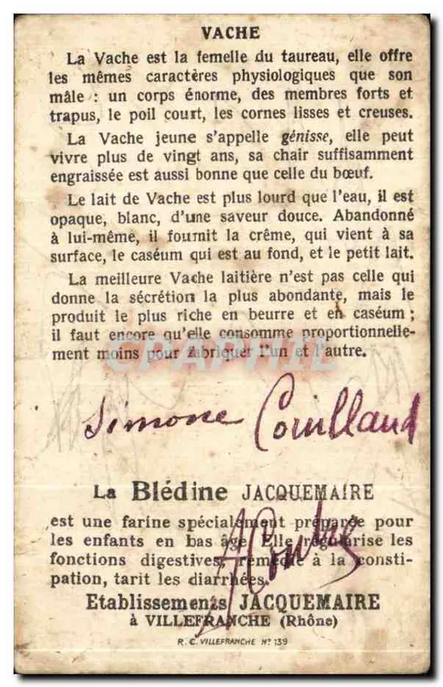 Mucca — illustrazione animale — Etablissements Jacquemaire, n°139 - Verso