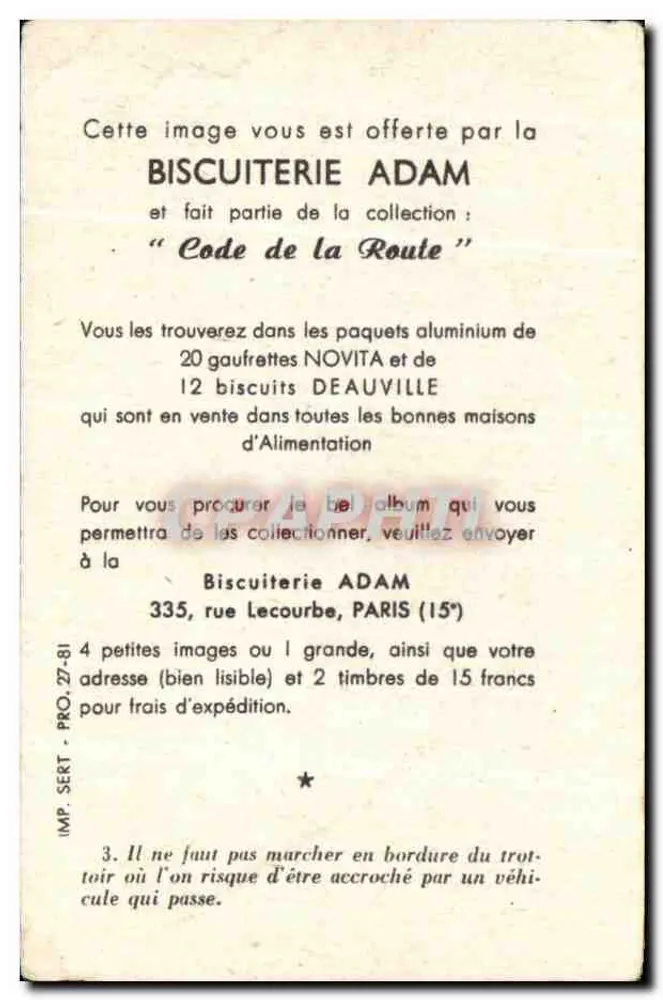 Mulher caminhando perto de um carro — Código da Estrada — Biscuiterie Adam - Verso