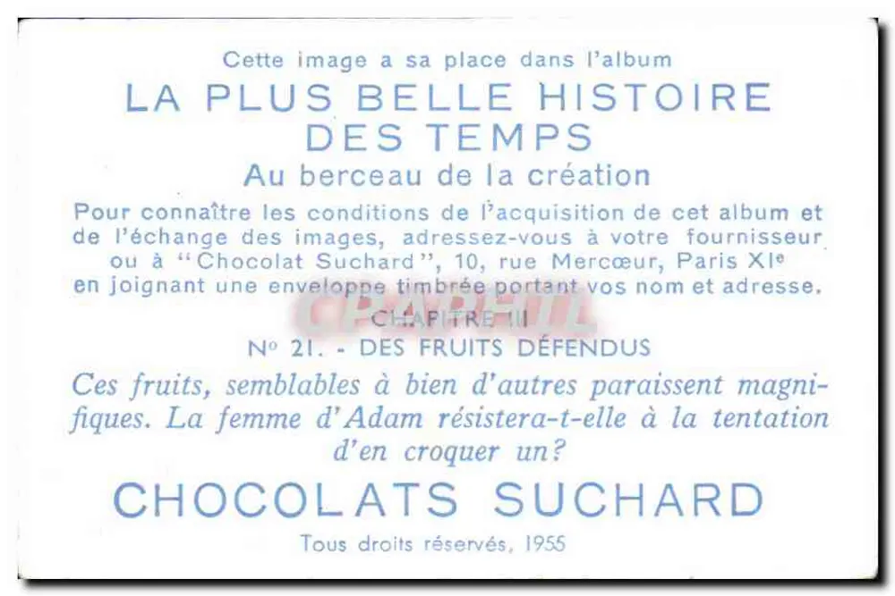 Maçãs em uma árvore — Capítulo III do álbum 'La Plus Belle Histoire des Temps' — Chocolats Suchard, n°21 - Verso