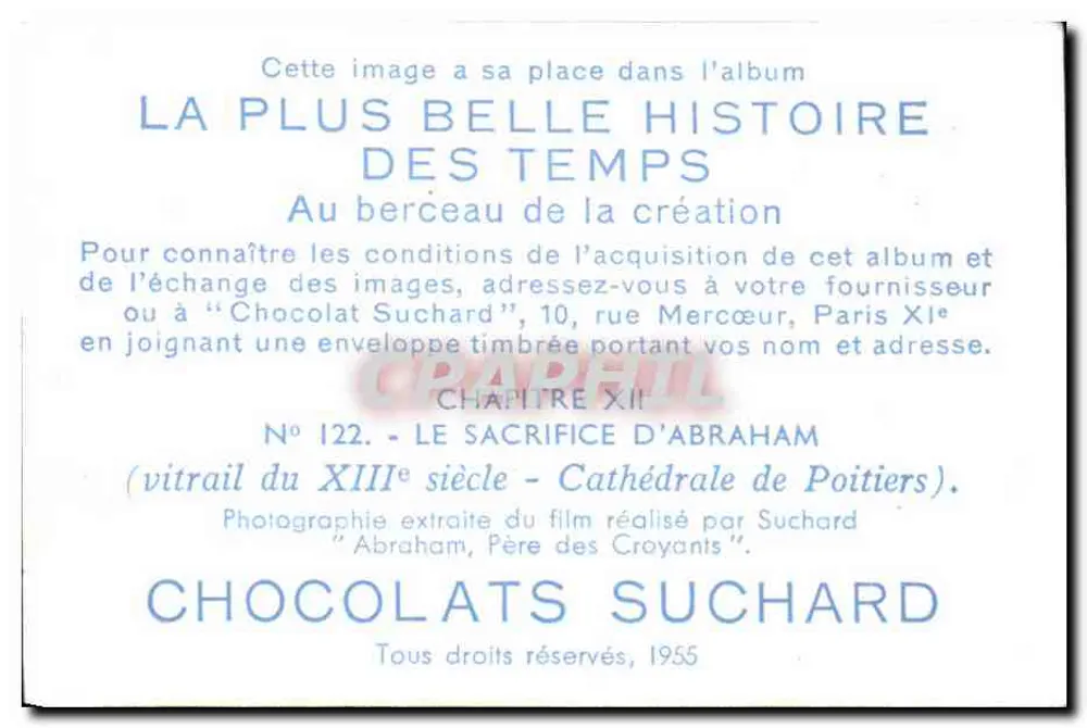 O sacrifício de Abraão — vitral do século XIII — Catedral de Poitiers — Chocolats Suchard, n° 122 - Verso