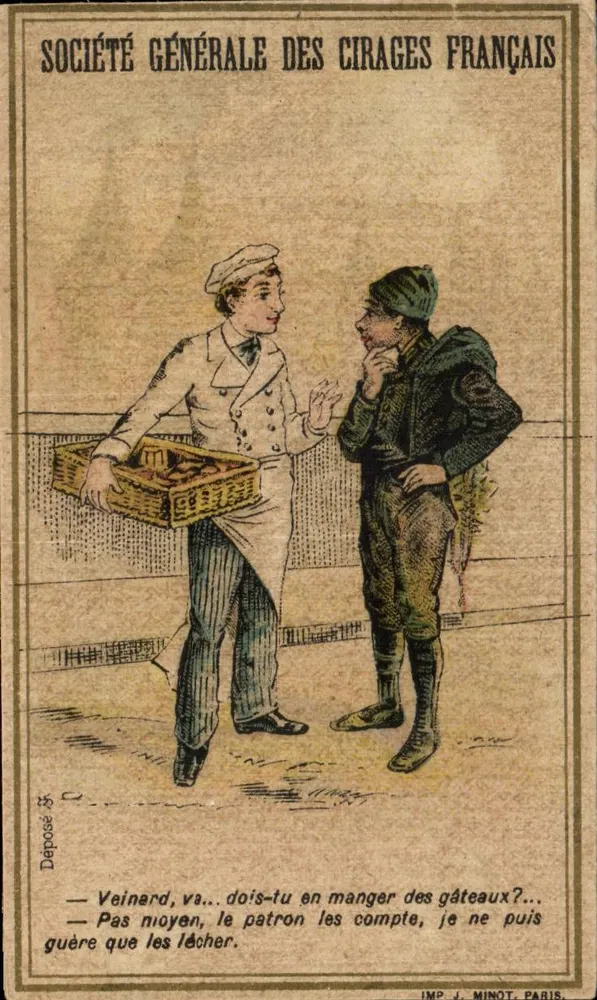Société Générale des Cirages Français — humoristische Werbung mit zwei Männern und Verlag IMP. J. MINOT, PARIS - Vorderseite