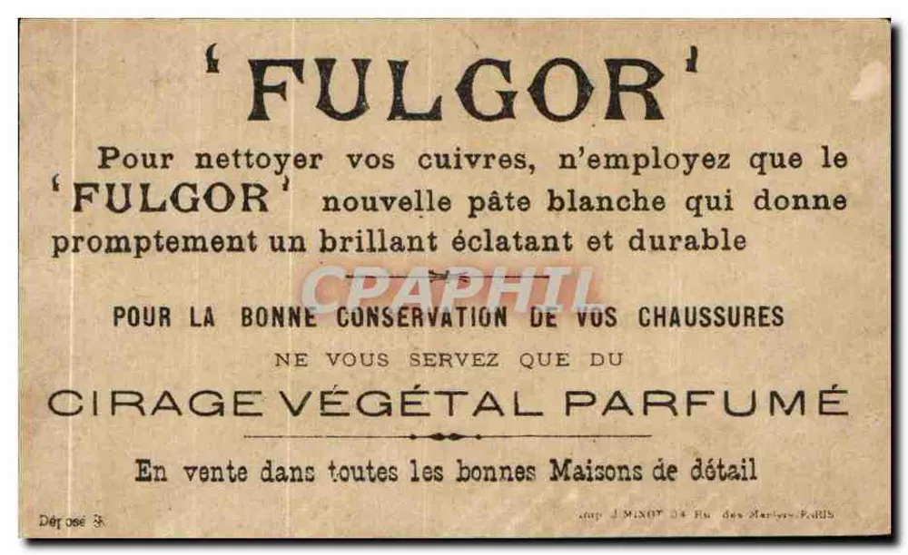 Société Générale des Cirages Français — humoristische Werbung mit zwei Männern und Verlag IMP. J. MINOT, PARIS - Rückseite