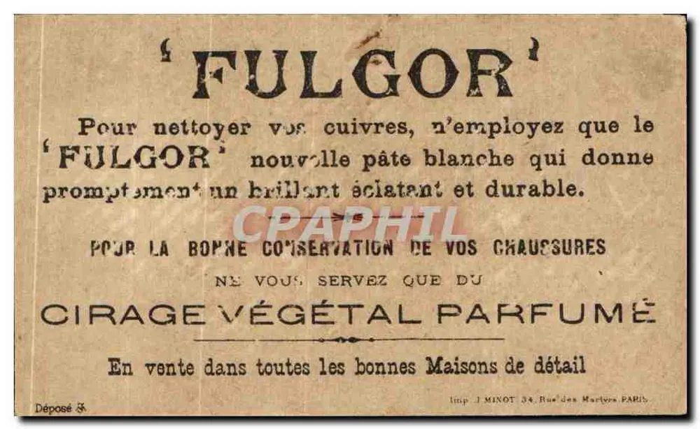 Société Générale des Cirages Français — pubblicità per Fulgor — editore J. Minot, Parigi - Verso