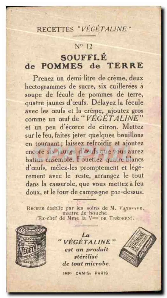 Kartoffelsoufflé (Périgourdine) — Ausgabe von 'Végétaline' — Imp. Camis, Paris - Rückseite