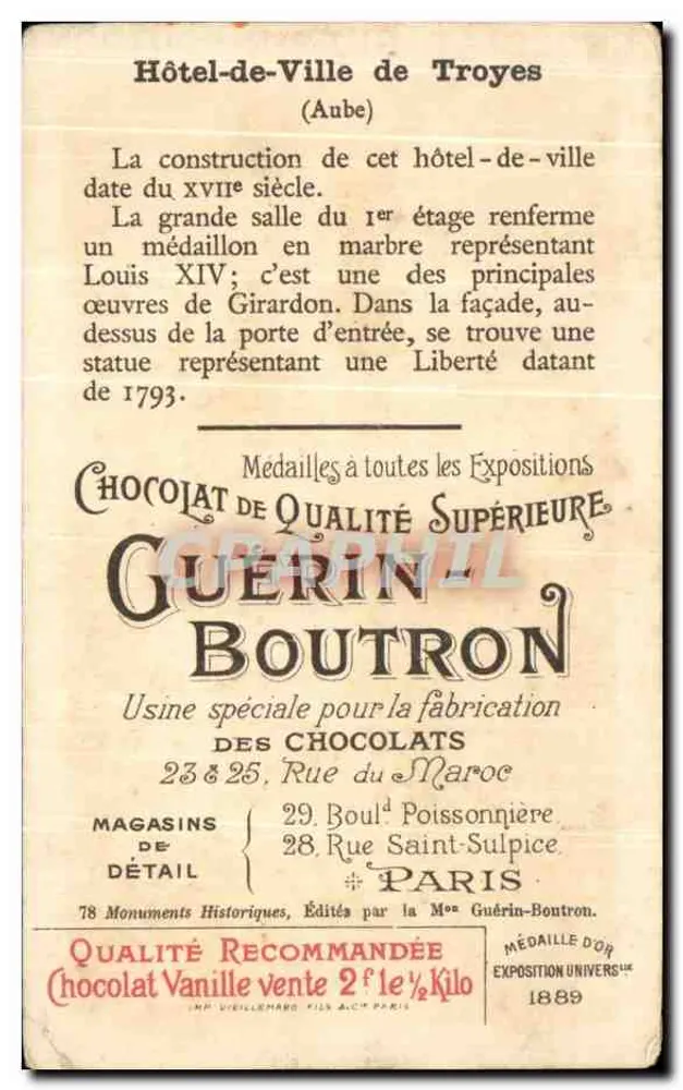 Hôtel-de-Ville de Troyes (Aube) — éditeur CHOCOLAT GUÉRIN-BOUSTRON, n° 28 - Rückseite