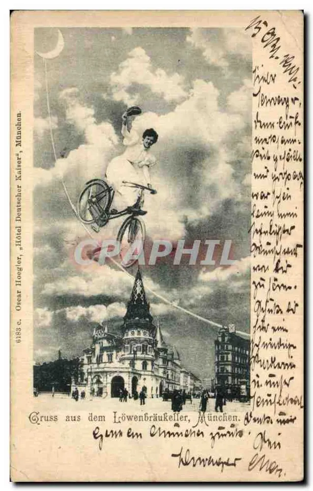 Frau auf Fahrrad in den Wolken — Hotel Deutscher Kaiser, München — Verleger Oscar Hoegler, Nr. 6383 - Vorderseite
