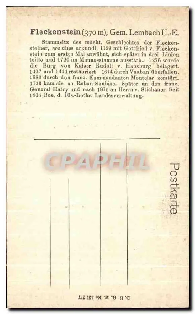 Fleckenstein — Ruine von Osten gesehen — D.R. G.M. Nr. 13717 - Rückseite